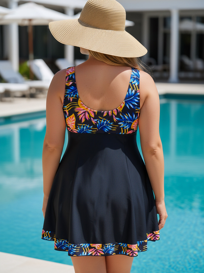 Plus Size Colorful Leaf Pattern V-Neck Knotted A-Line Swim Dress and Bike Shorts