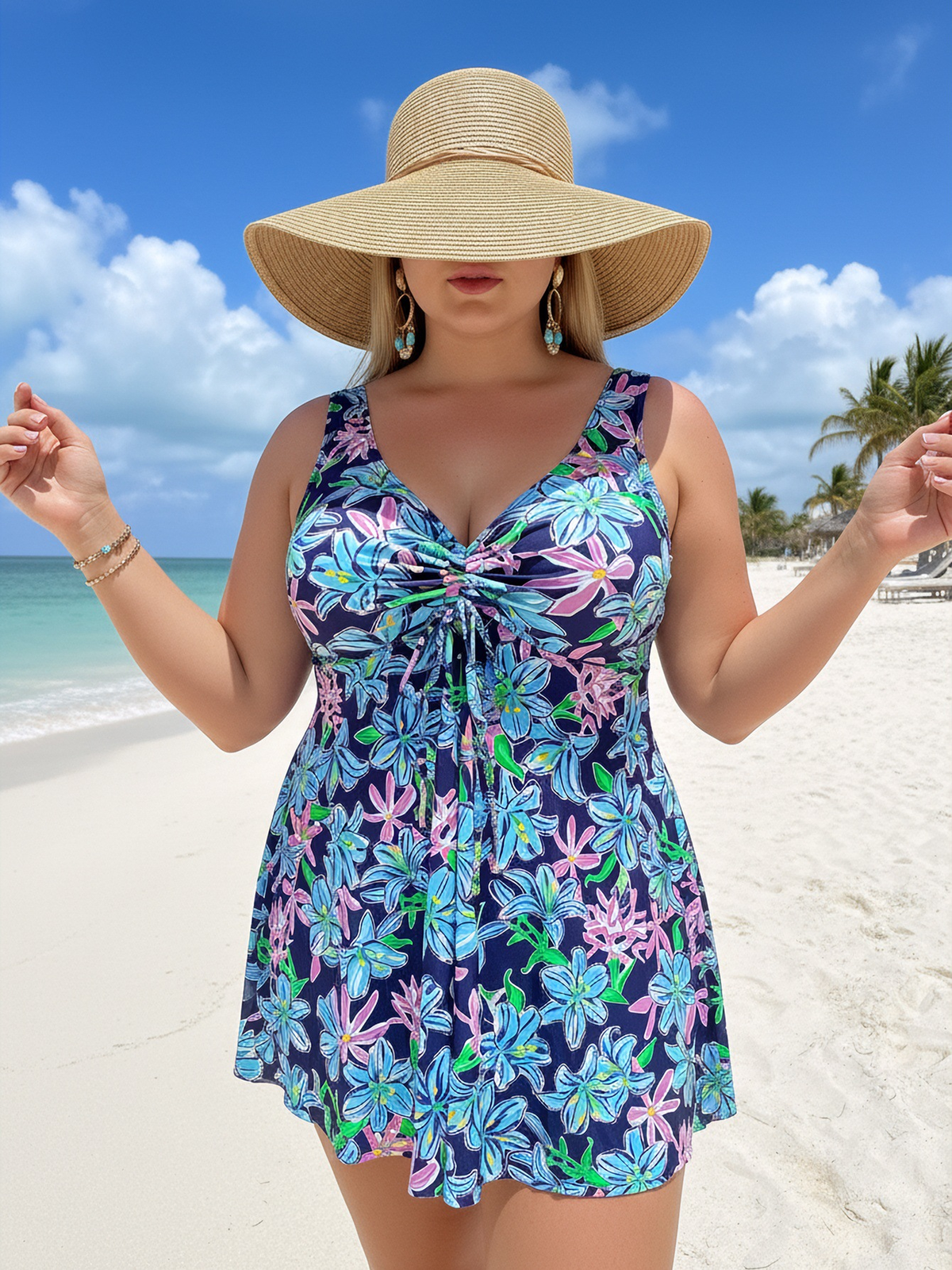 Plus Size Blue Floral Pattern V-Neck Knotted Swim Dress and Bike Shorts