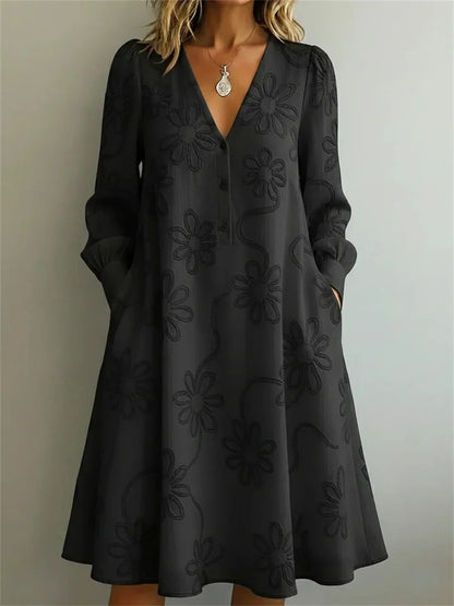Vintage Elegant V-neck Floral Printed Long Sleeve Dress