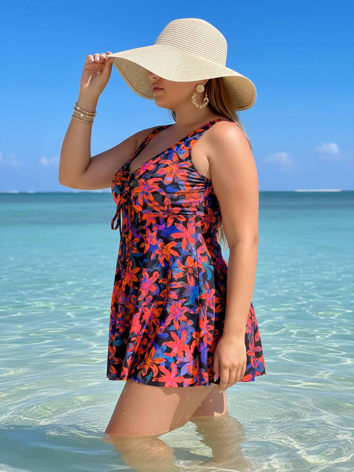 Plus Size Red Floral Pattern V-Neck Knotted Swim Dress and Bike Shorts