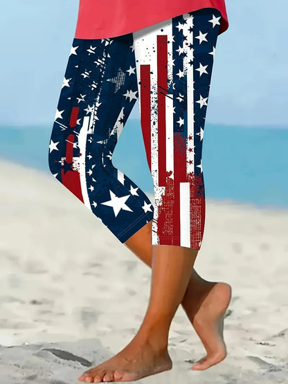 Women's Vintage American Flag Print Capri Leggings