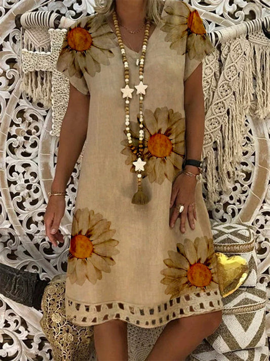 Casual Khaki Floral Printed V Neck Mini Dress