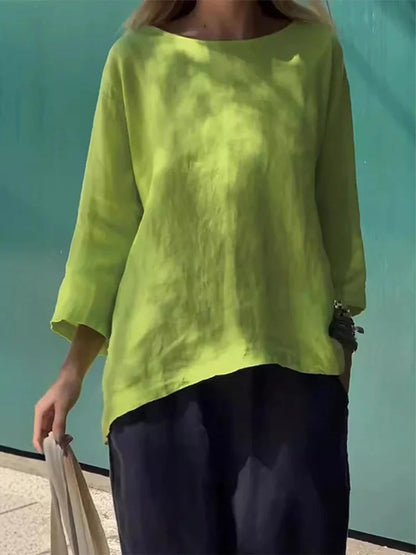 Women?ˉs Solid Cotton Loose Fit Long Sleeve Sleeve Casual Top