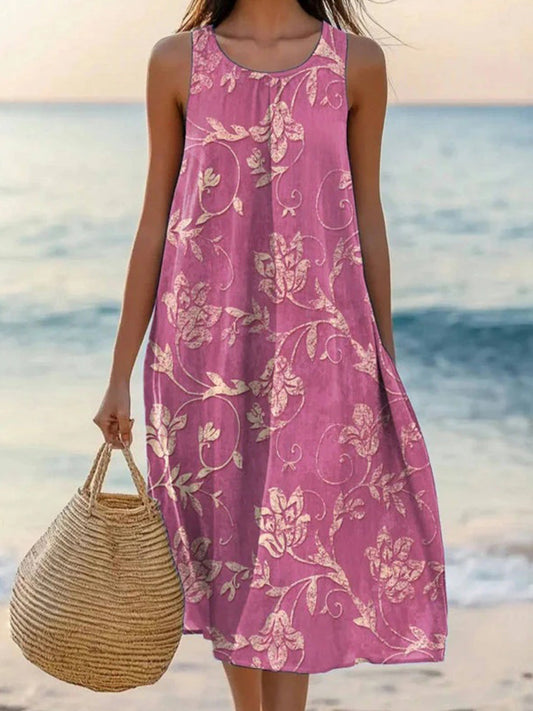 Vintage Floral Print Round Neck Sleeveless Dress