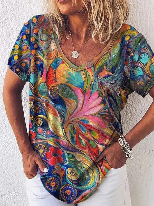 Women's Colorful Abstract Art Print V-Neck Short Sleeve Top