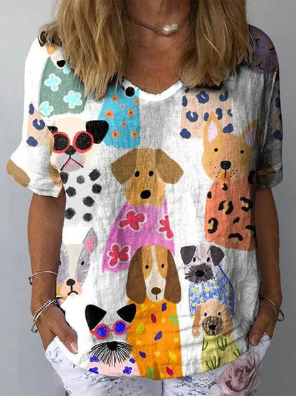 Whimsical Dog Print Short Sleeve Top
