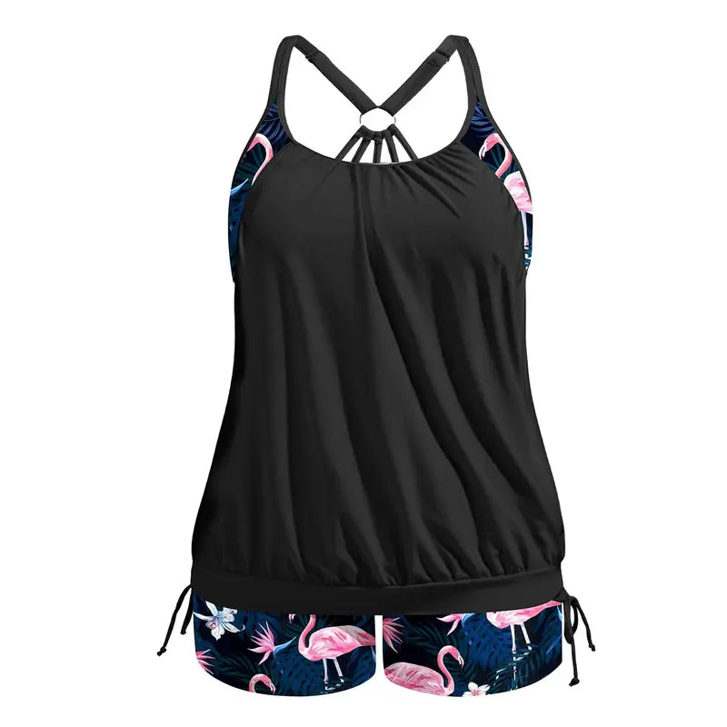 Loose Blouson Top Plus Size Two-Piece Bathing Suit  Women's Relaxed-Fit Tankini Swimwear