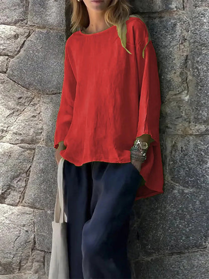 Women?ˉs Solid Cotton Loose Fit Long Sleeve Sleeve Casual Top