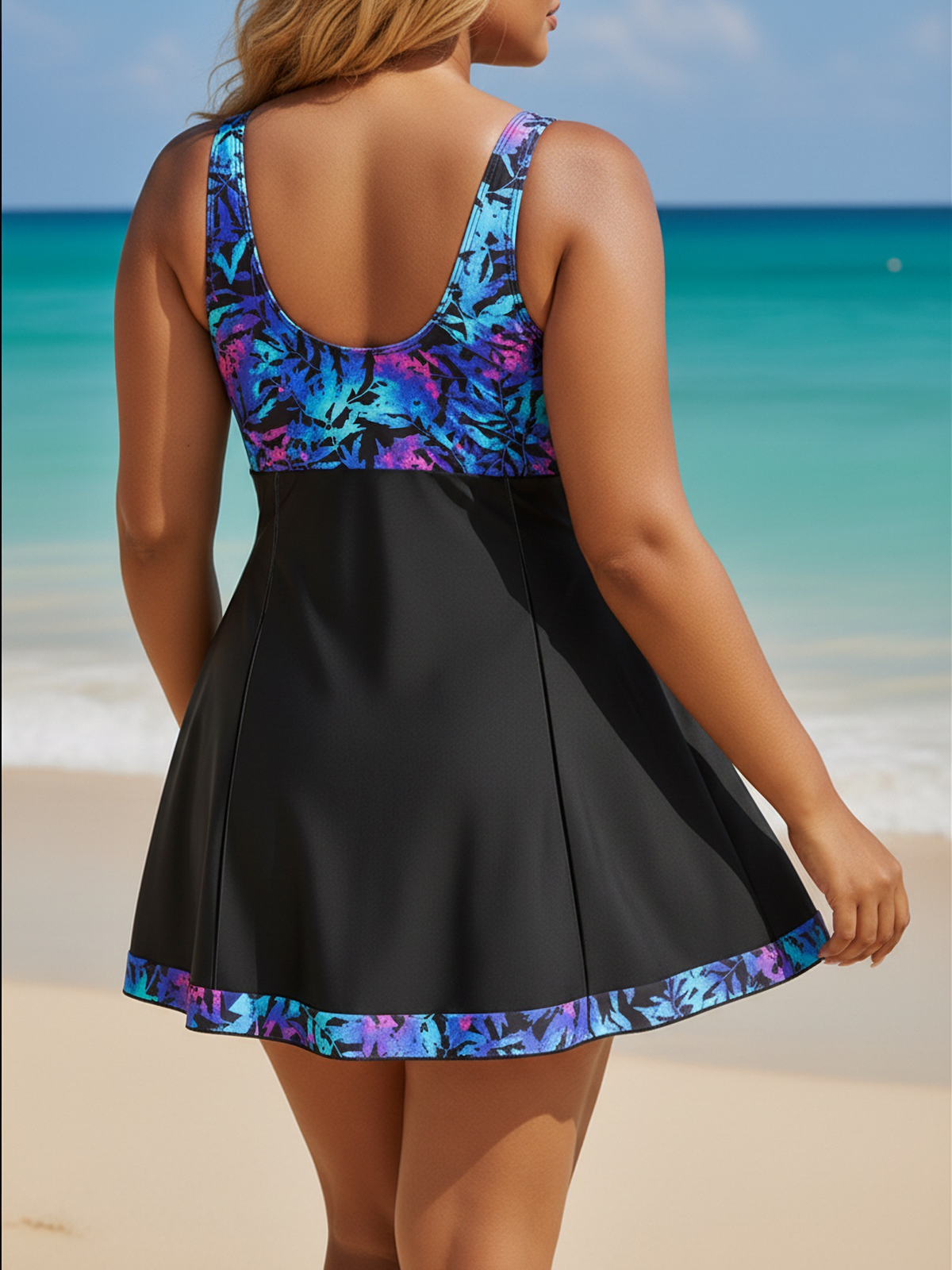 Plus Size Blue Leaf Pattern V-Neck Knotted A-Line Swim Dress and Bike Shorts