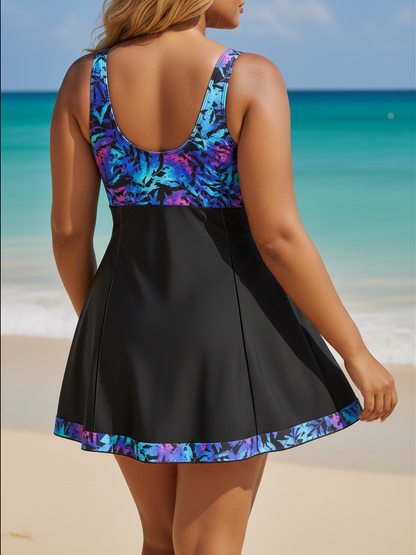 Plus Size Blue Leaf Pattern V-Neck Knotted A-Line Swim Dress and Bike Shorts