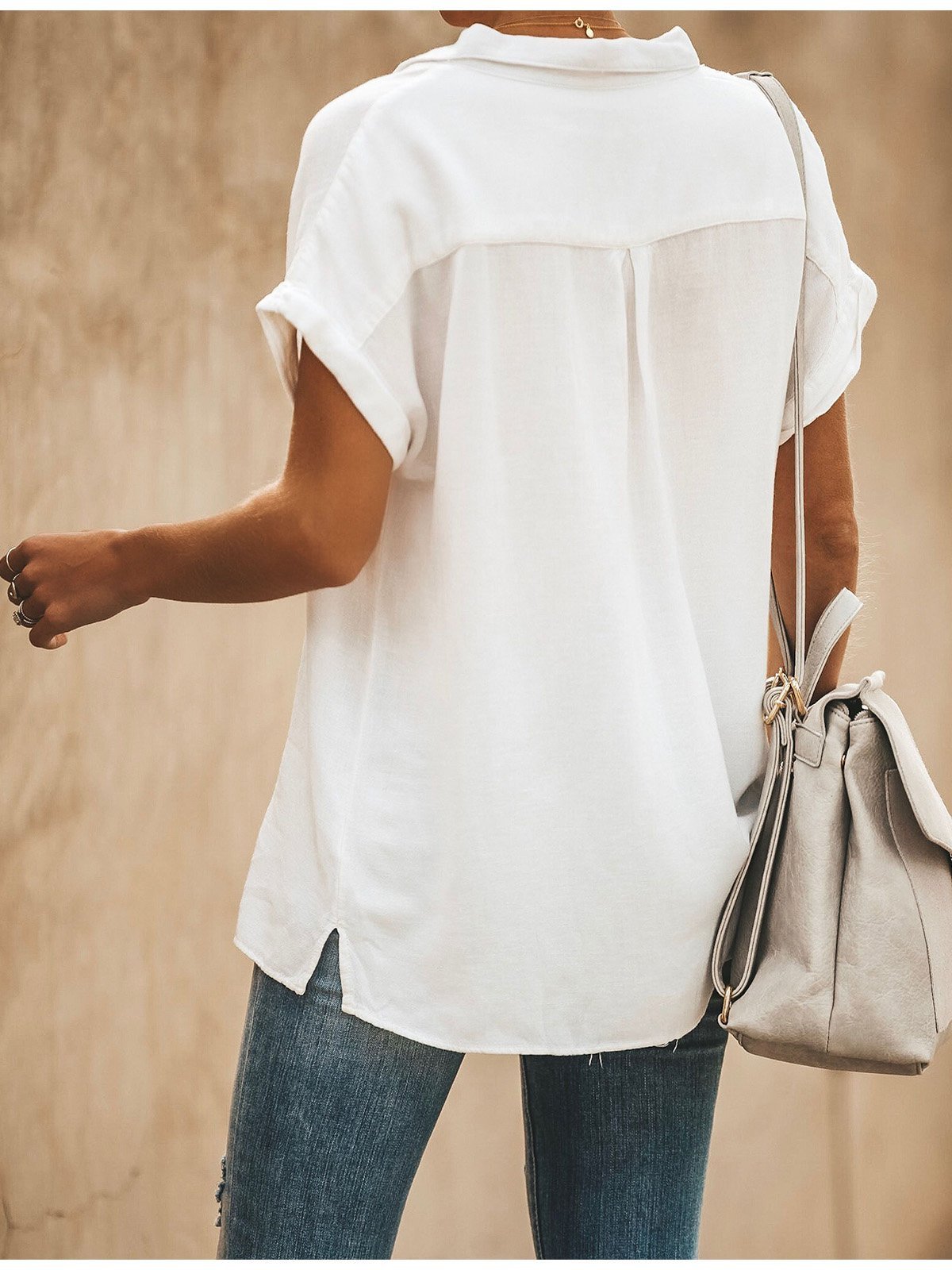 Summer Cool Solid Color V-Neck Short Sleeve Casual Shirt