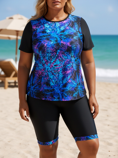 Plus Size Blue Coconut Tree Pattern Short-Sleeve Tankini Top and Bike Shorts