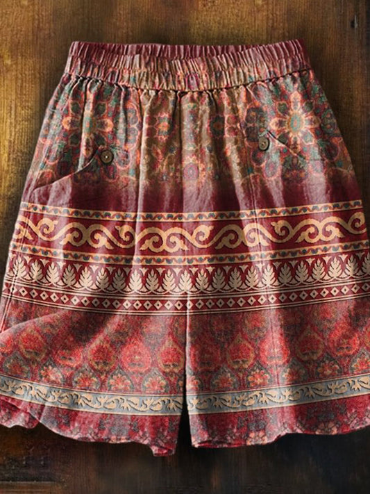Women's Bohemian Floral Collage Art Printed Casual Pocket Shorts