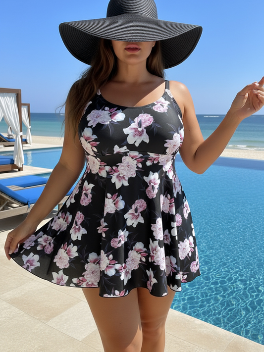 Plus Size Peony Floral Print Spaghetti Straps Swim Dress and Bike Shorts