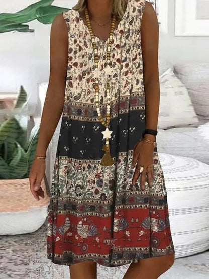 Women’s Boho Sleeveless Patchwork Print A-Line Midi Dress with Pockets