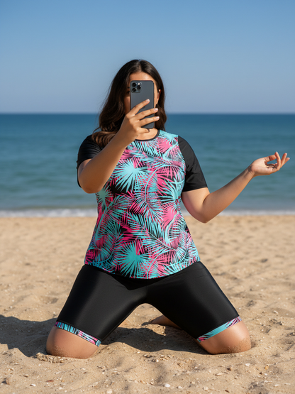 Plus Size Blue Leaf Pattern Short-Sleeve Tankini Top and Bike Shorts