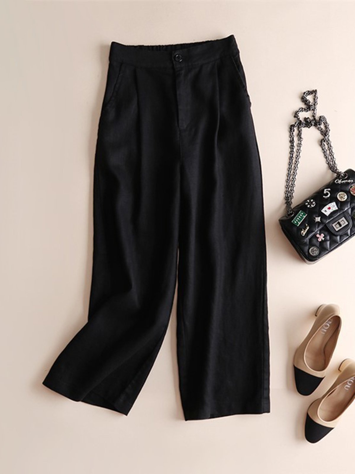 Solid Pockets Elastic Cotton Casual Straight Pants