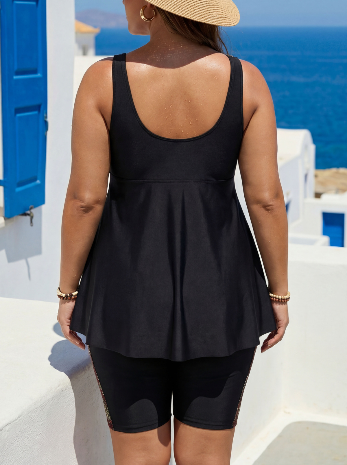 Plus Size Black Side Ethnic Floral Pattern V-Neck Ruching Swim Dress and Bike Shorts
