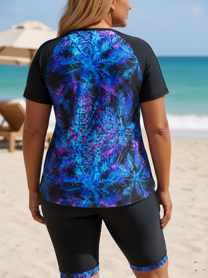Plus Size Blue Coconut Tree Pattern Short-Sleeve Tankini Top and Bike Shorts