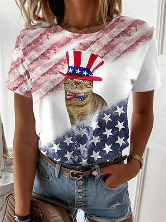 Women?ˉs American Flag Cat Graphic Short Sleeve Casual T-shirt