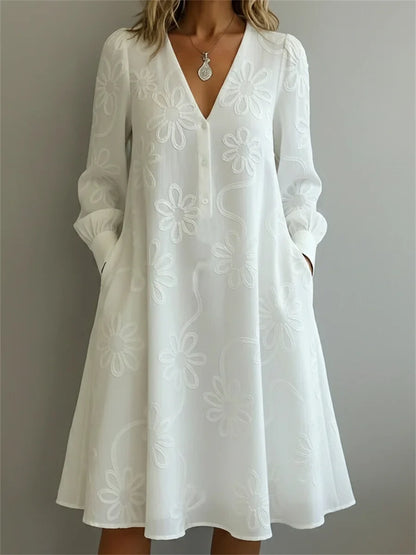 Vintage Elegant V-neck Floral Printed Long Sleeve Dress