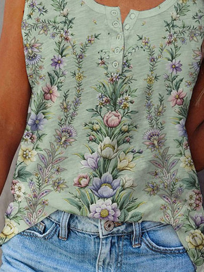 Green Floral Printed Round Neck Sleeveless Tank Top