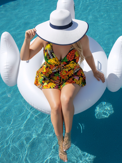 Plus Size Yellow Leaf Pattern V-Neck Knotted Swim Dress and Bike Shorts