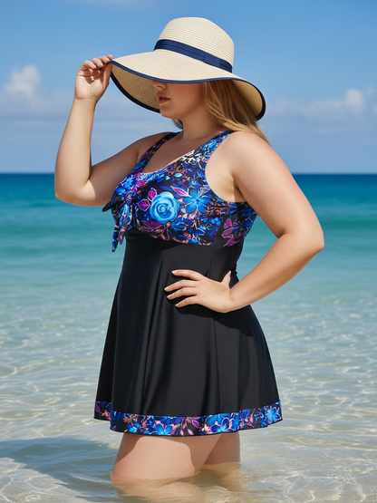 Plus Size Blue Floral Pattern V-Neck Knotted A-Line Swim Dress and Bike Shorts