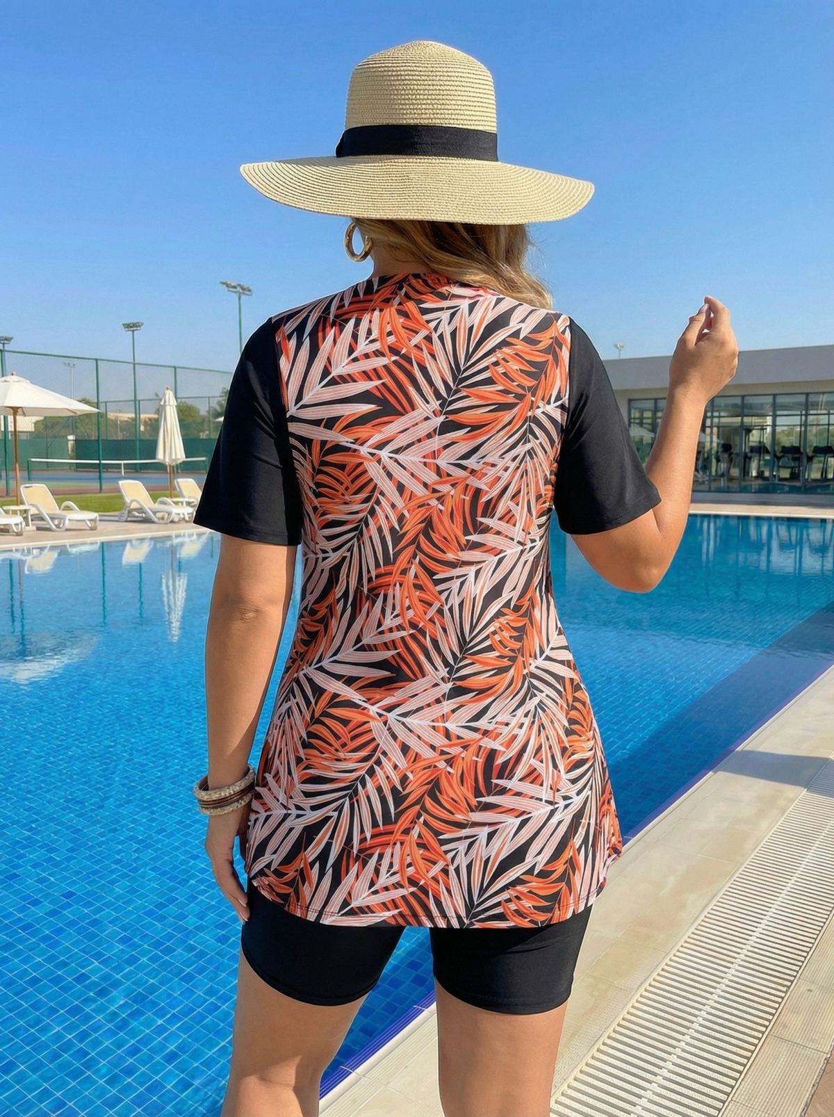 Plus Size Red Leaf Pattern Short-Sleeve Tankini Top and Bike Shorts