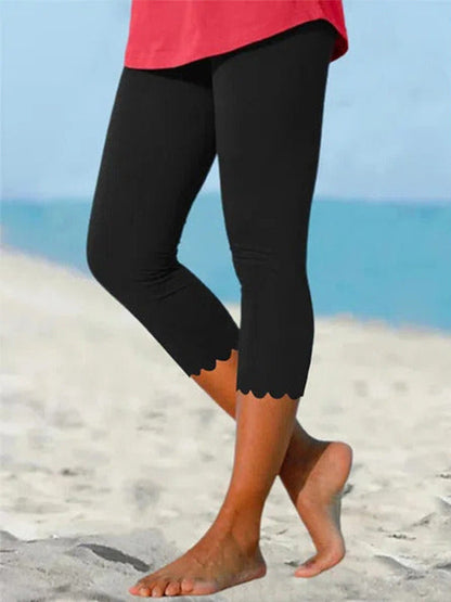Women's High Waist Cropped Leggings with Scalloped Hem