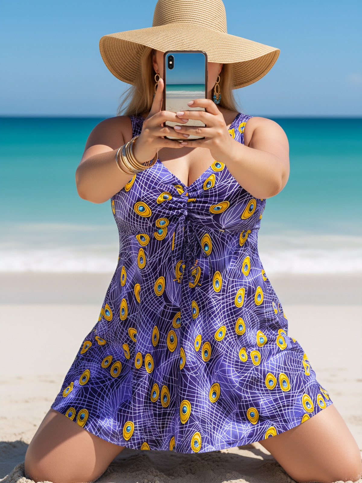 Plus Size Purple Peacock Eye Pattern V-Neck Knotted Swim Dress and Bike Shorts