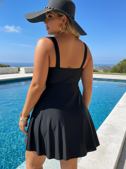 Plus Size Red Abstract Pattern Square Neck Swim Dress and Bike Shorts
