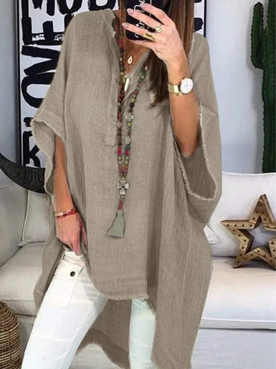 Gray Half Sleeve Boho V Neck Blouse