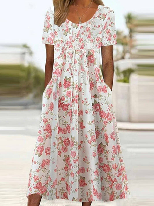 Casual Round Neck Short Sleeve Midi Dress With Pockets