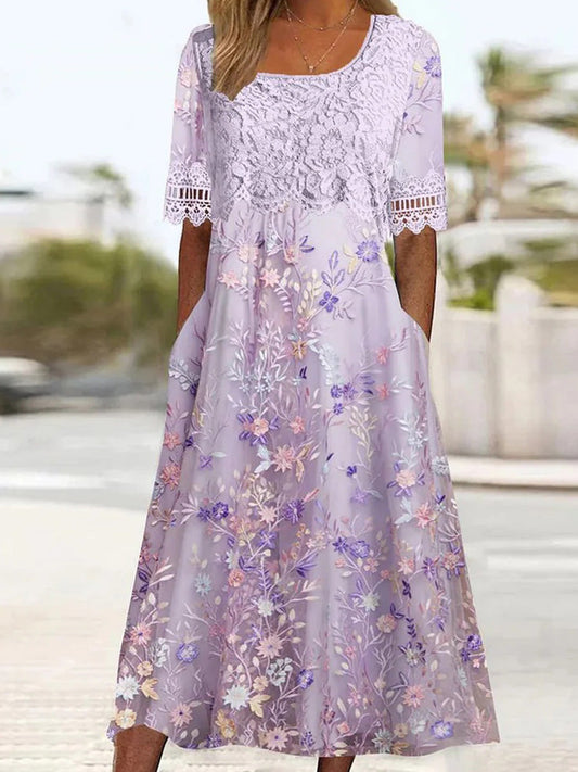 Purple Side Pocket Short Sleeve Midi Dress