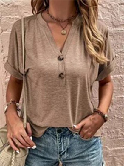 Women?ˉs V-Neck Button Front Short Sleeve Casual Loose Top