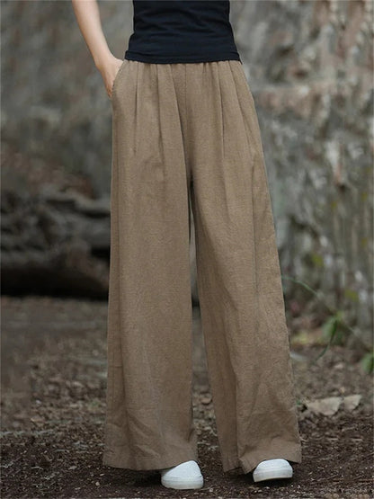 Loose Wide Leg Elasticity Pleated Pockets Solid Color Pants
