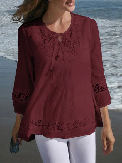 Casual Crew Neck  3/4 Sleeve Lace Shirt
