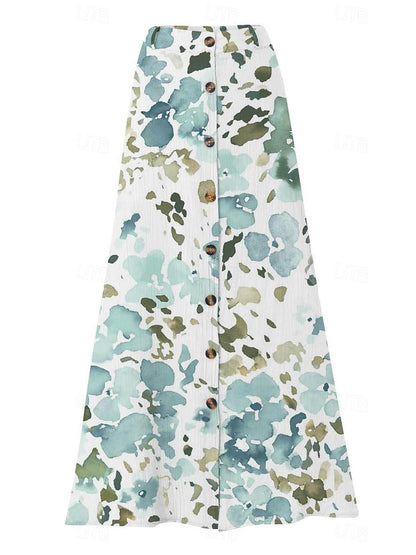 Women's Floral Printed Graphic Straight Fashion Split Button Maxi High Waist Skirt