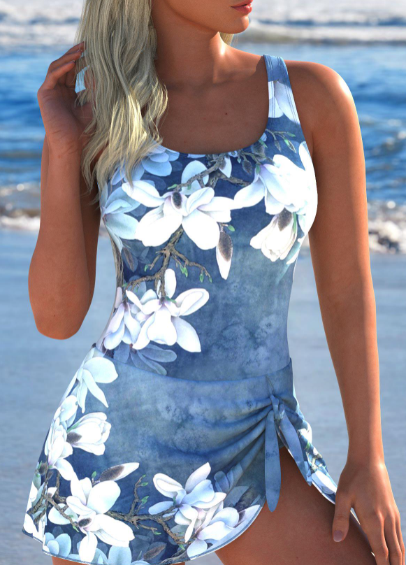 Floral Tie-Knot Skirted One-Piece Swimdress  Denim Blue Tummy Control Swimsuit