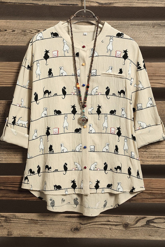 Women's Stand Collar Casual Summer 3/4 Sleeve Cat Print Shirt