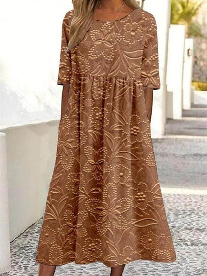 Floral Print Crew Neck Half Sleeve Comfy Vintage Maxi Dress