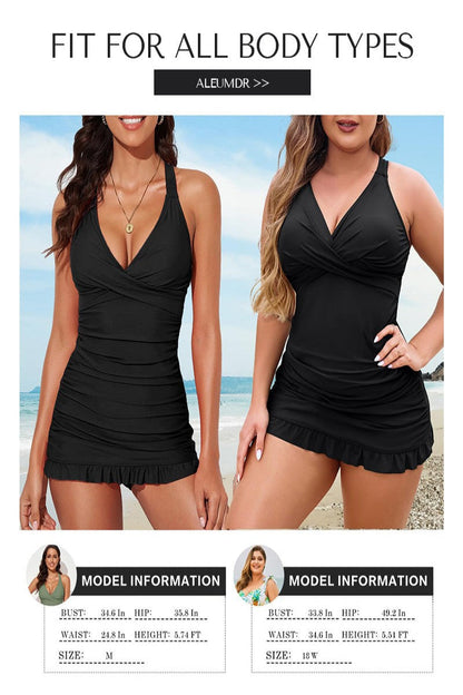 Deep V One Piece Swimsuit with Cross Back and Ruched Design