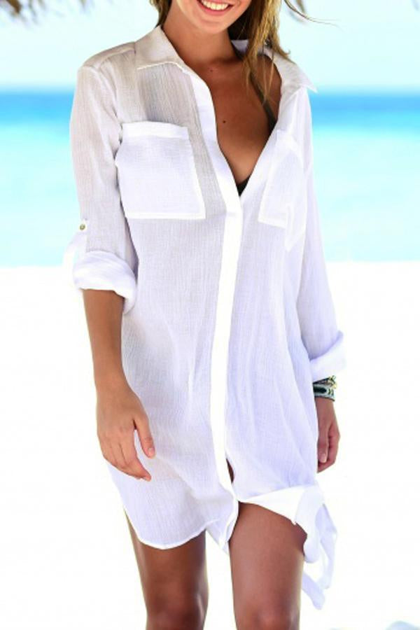 SWIMEETU SOLID COLOR ROLL UP SLEEVE COVER UP