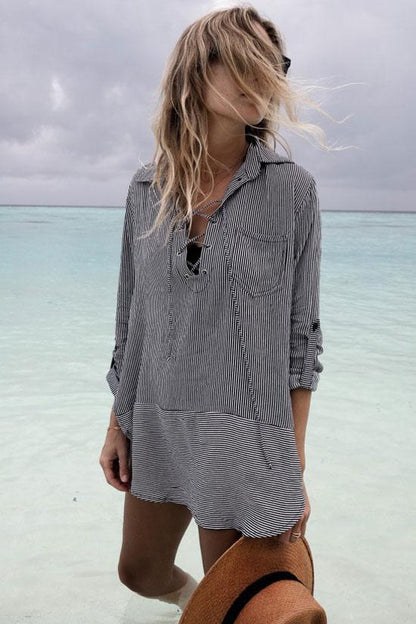Leisure Lace Up Striped Printed High Low Hemline Cover Up