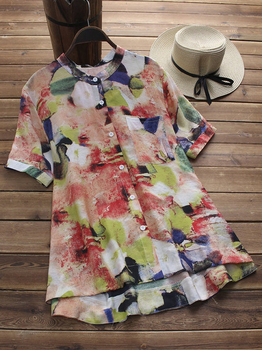 Plus Size Crew Neck Printed/dyed Short Sleeve Blouse