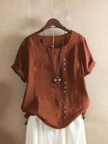 Solid Color Short Sleeve Button Summer T-shirt