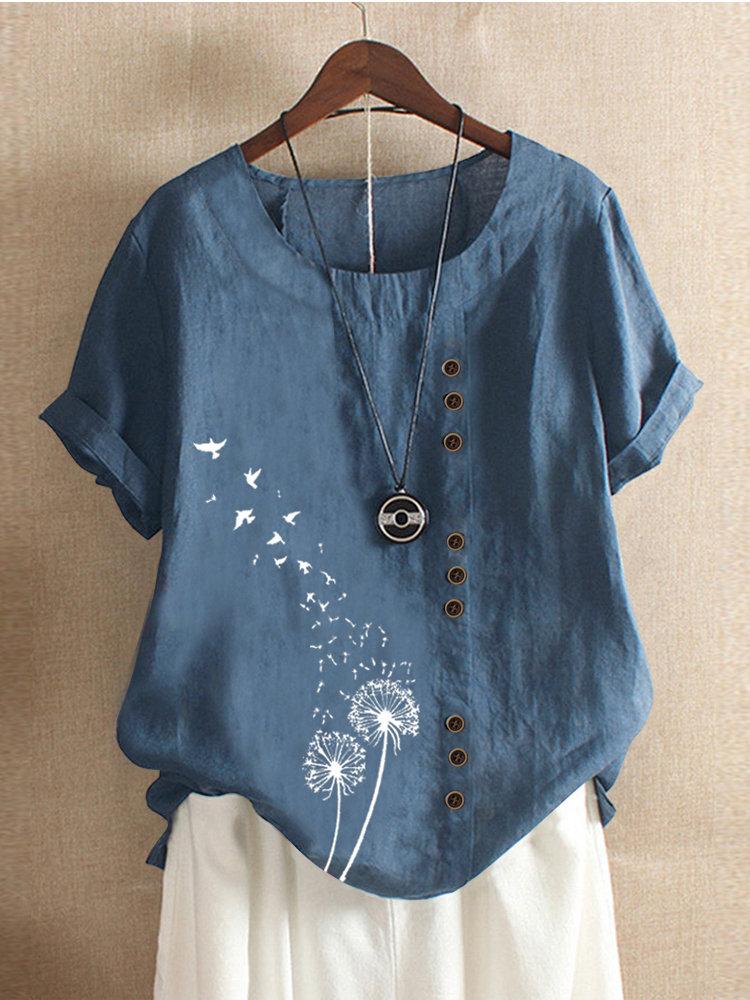 Flower Birds Print Short Sleeve Button T-shirt