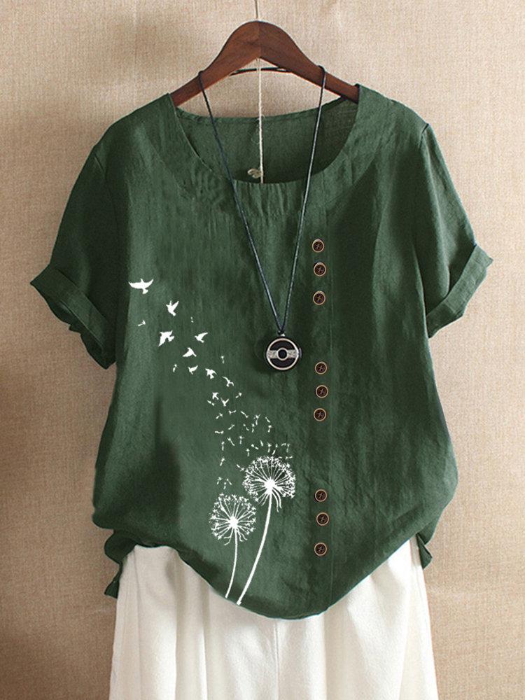 Flower Birds Print Short Sleeve Button T-shirt