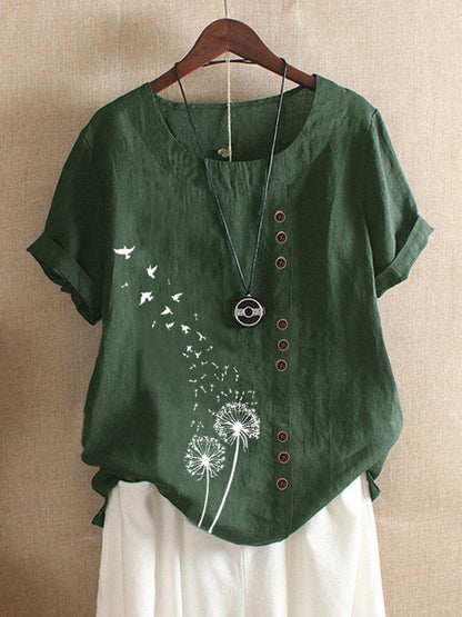 Flower Birds Print Short Sleeve Button T-shirt